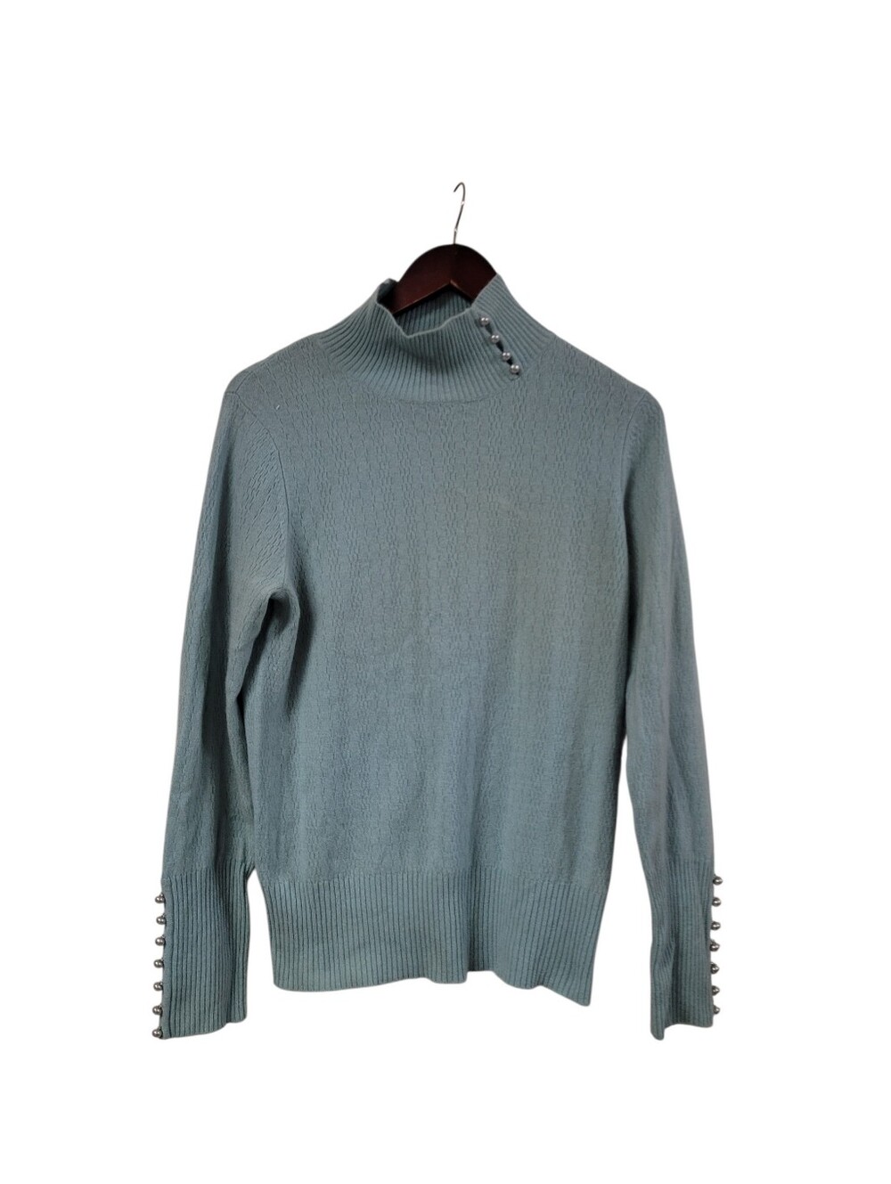 Mainbocher 100% Cashmere Light Blue Mock Neck Sweater Womens Large Pearl Trim